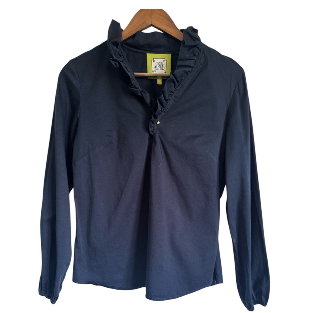 Elizabeth McKay Navy Blue Quarter Length Sleeve Ruffled Blouse Women’s Size 6